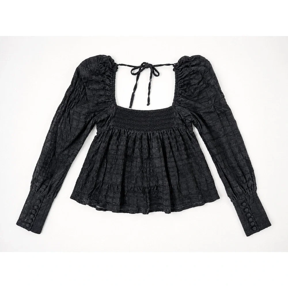 Free People Black Textured Smocked Peasant Top XS Long Sleeve Babydoll Blouse